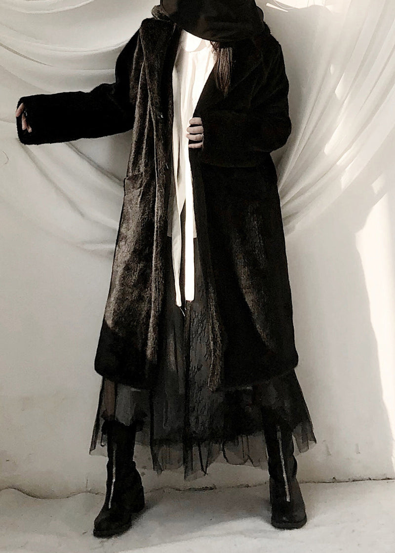 Black Notched Rabbit Hair Thick Maxi Trench Coats Fall