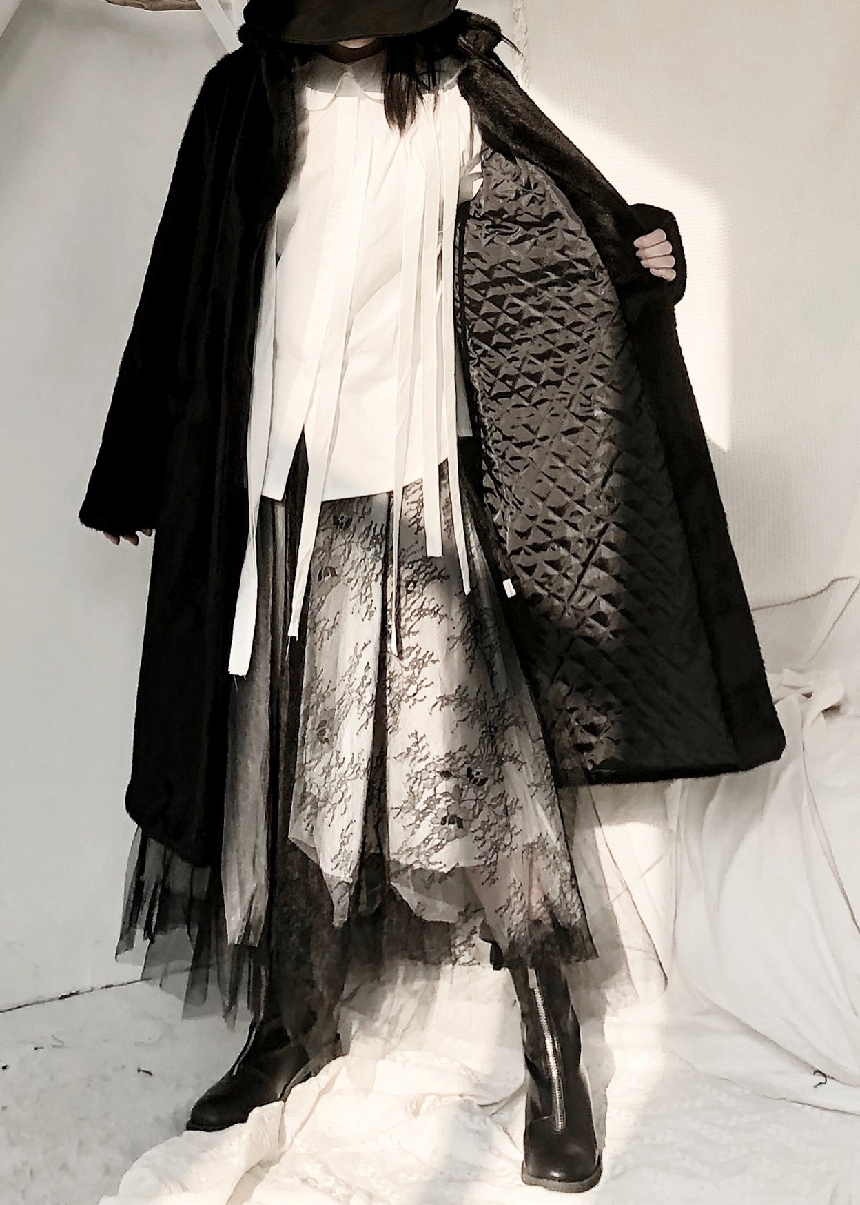 Black Notched Rabbit Hair Thick Maxi Trench Coats Fall