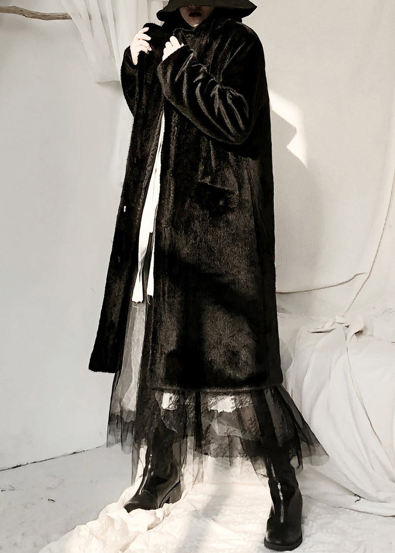 Black Notched Rabbit Hair Thick Maxi Trench Coats Fall