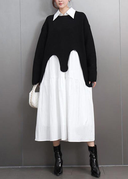 Black O-neck Asymmetrical Cotton Knitted Sweaters Fall