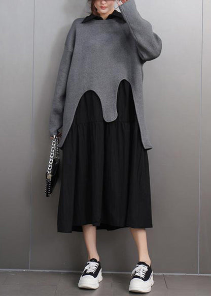 Black O-neck Asymmetrical Cotton Knitted Sweaters Fall