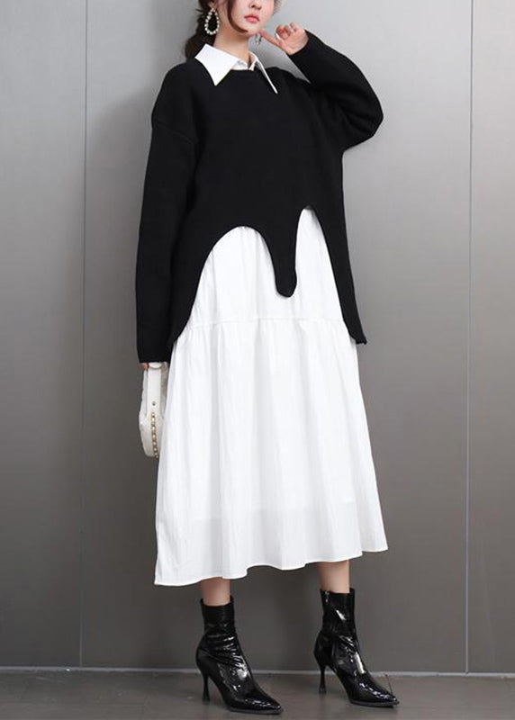 Black O-neck Asymmetrical Cotton Knitted Sweaters Fall