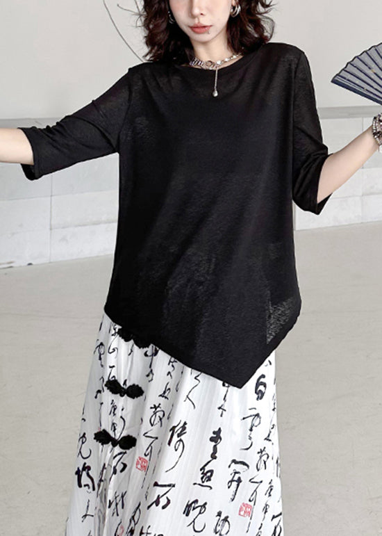 Black O Neck Asymmetrical Cotton T Shirt Summer