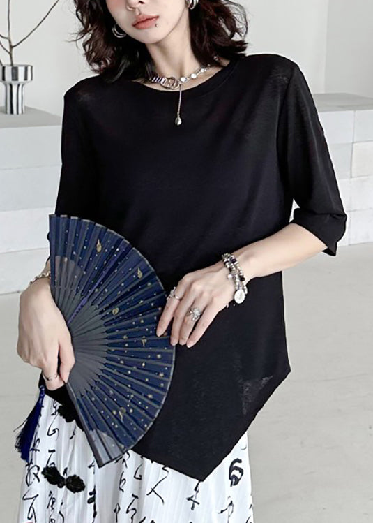 Black O Neck Asymmetrical Cotton T Shirt Summer