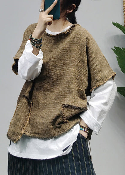 Black O-neck Asymmetrical Pocket Linen Tank Tops Short Sleeve