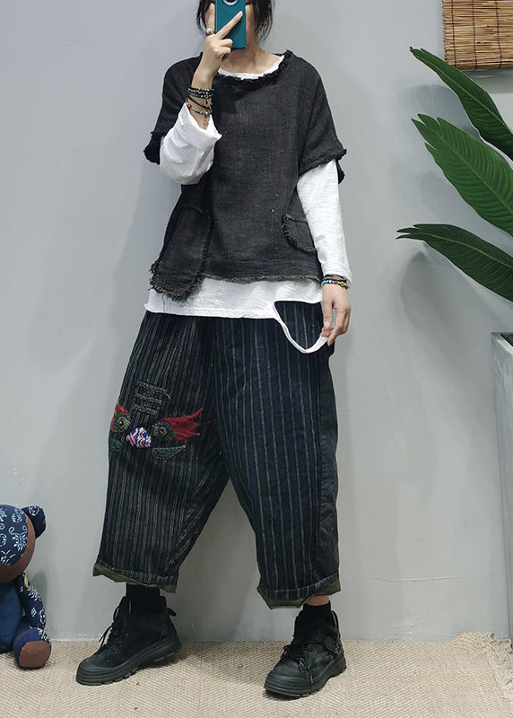 Black O-neck Asymmetrical Pocket Linen Tank Tops Short Sleeve