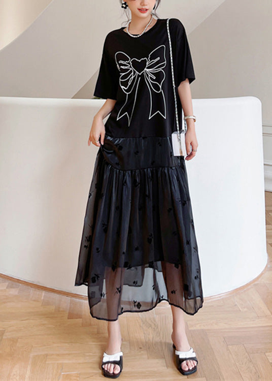 Black O-neck Bow Tulle Patchwork Cotton Maxi Dresses Summer