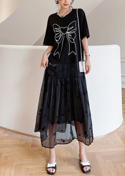 Black O-neck Bow Tulle Patchwork Cotton Maxi Dresses Summer