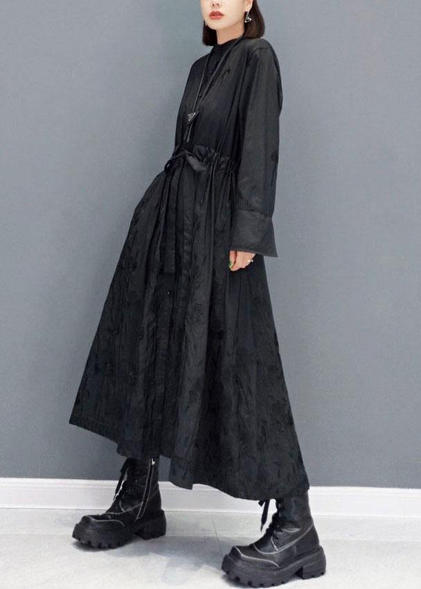 Black O-neck Button Maxi Dresses Fall Long Sleeve
