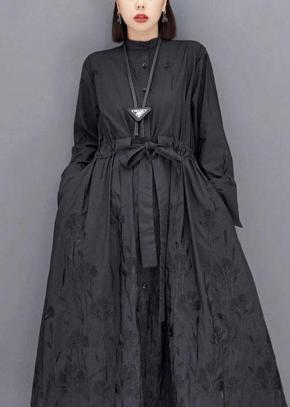 Black O-neck Button Maxi Dresses Fall Long Sleeve