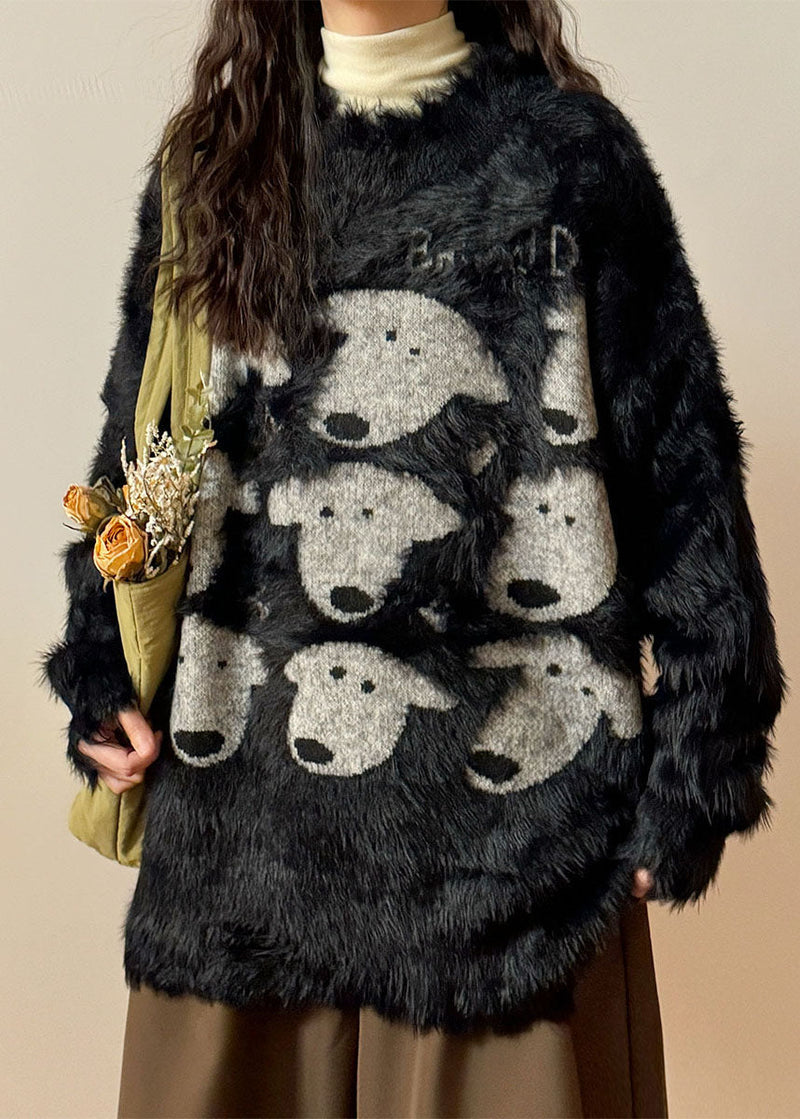 Black O Neck Dog Head Cozy Mink Velvet Sweater
