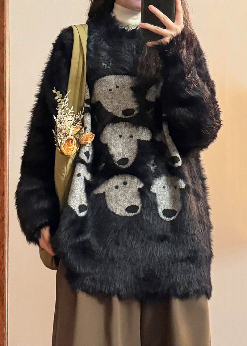 Black O Neck Dog Head Cozy Mink Velvet Sweater