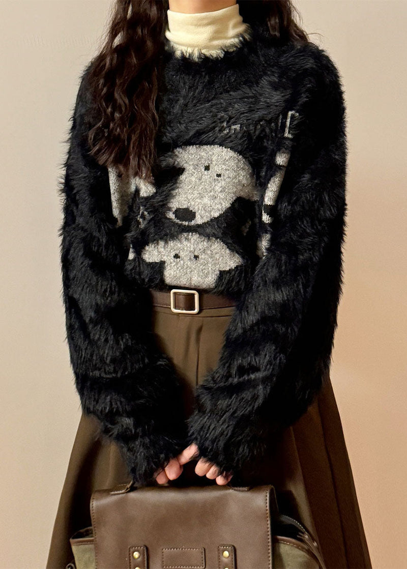 Black O Neck Dog Head Cozy Mink Velvet Sweater