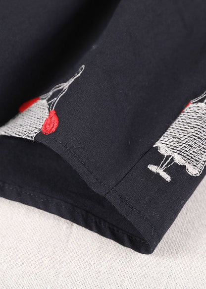 Black O-neck Embroideried Patchwork Cotton Shirts Short Sleeve