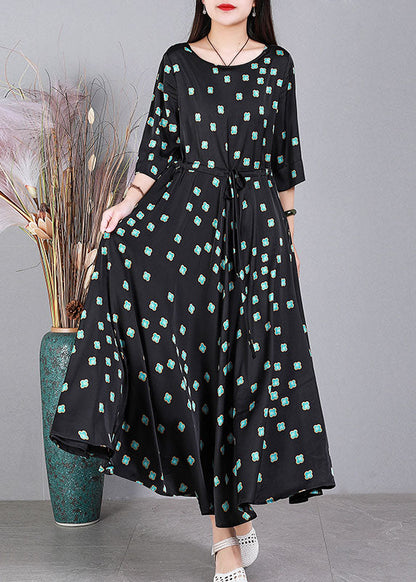 Black O-neck Print Drawstring Exra Large Hem Silk Cinch Dress Half Sleeve