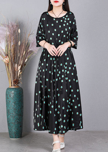 Black O-neck Print Drawstring Exra Large Hem Silk Cinch Dress Half Sleeve