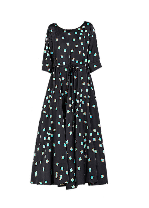 Black O-neck Print Drawstring Exra Large Hem Silk Cinch Dress Half Sleeve
