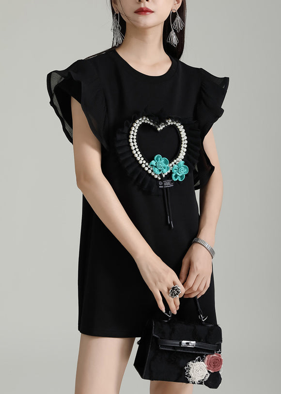 Black O Neck Nail Bead Cotton Short Dresses Butterfly Sleeve