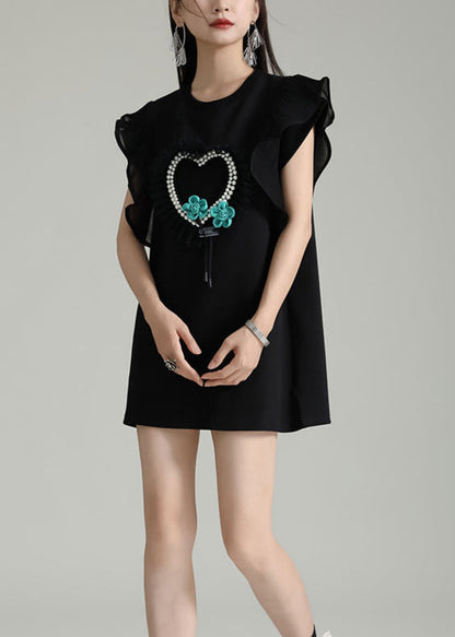 Black O Neck Nail Bead Cotton Short Dresses Butterfly Sleeve