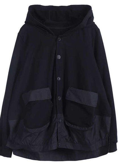 Black O-neck Patchwork Pockets Button Hooded Coat Long Sleeve