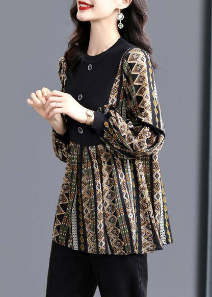 Casual Black O-Neck Patchwork Striped Print Shirt Tops Long sleeve