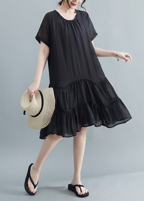 Black O-neck Patchwork Wrinkled Cotton Dresses Summer