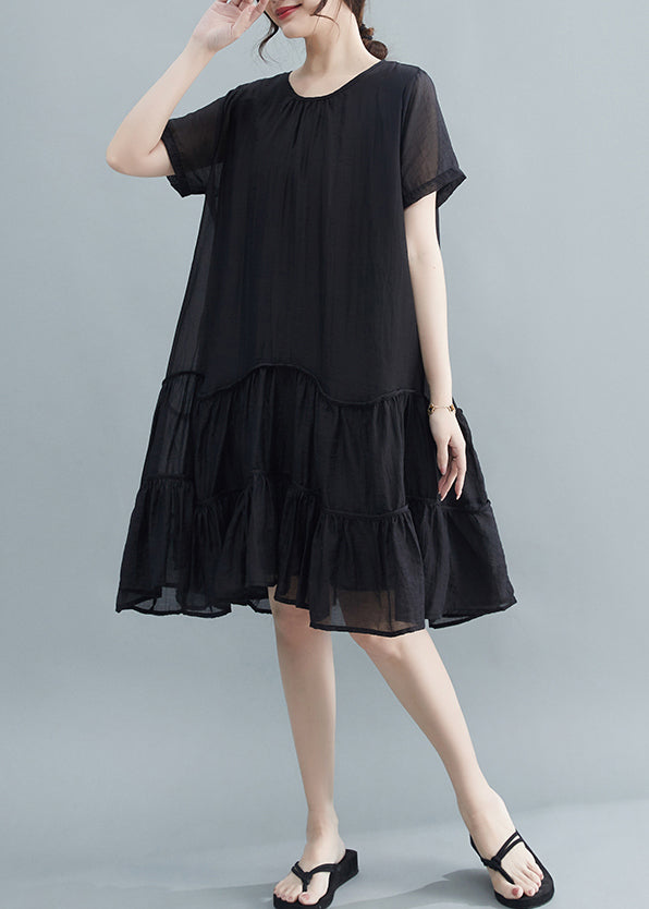 Black O-neck Patchwork Wrinkled Cotton Dresses Summer