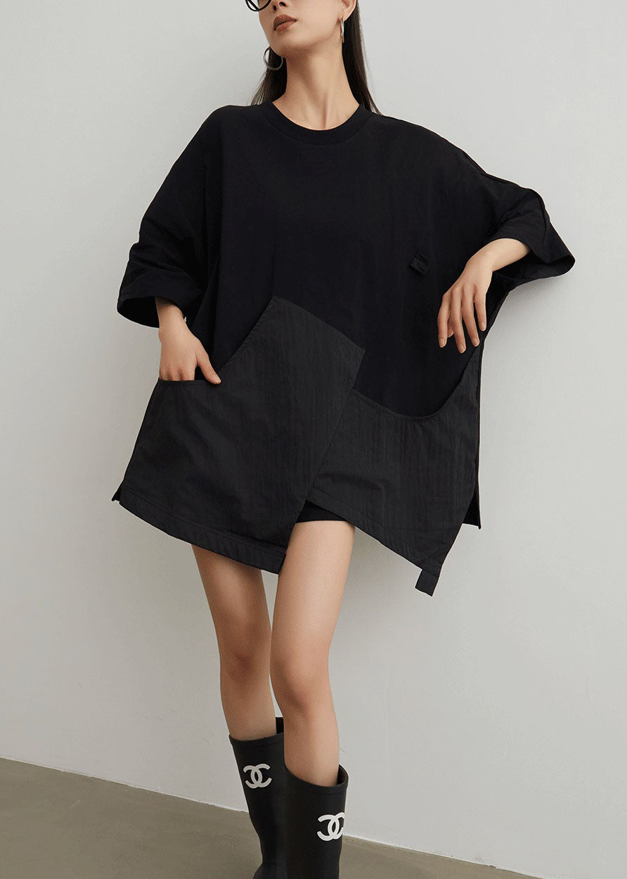 Black O Neck Pockets Patchwork Cotton T Shirt Summer