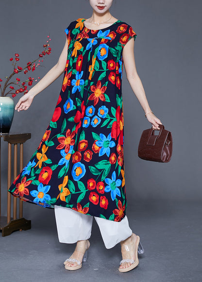 Black O-neck Print Cotton Maxi Dress Summer
