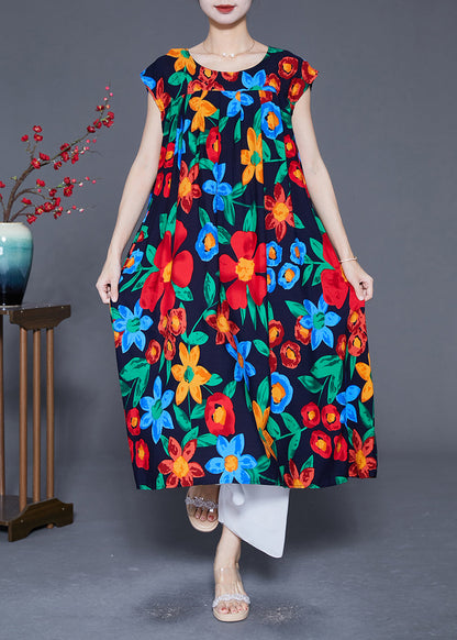 Black O-neck Print Cotton Maxi Dress Summer