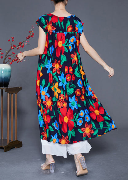 Black O-neck Print Cotton Maxi Dress Summer