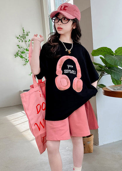 Black O-neck Print Kids Top and Shorts Two Pieces Set Summer
