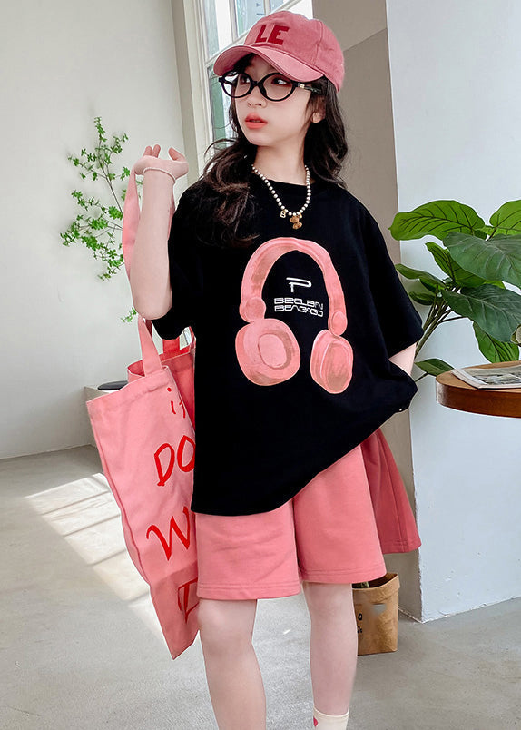 Black O-neck Print Kids Top and Shorts Two Pieces Set Summer