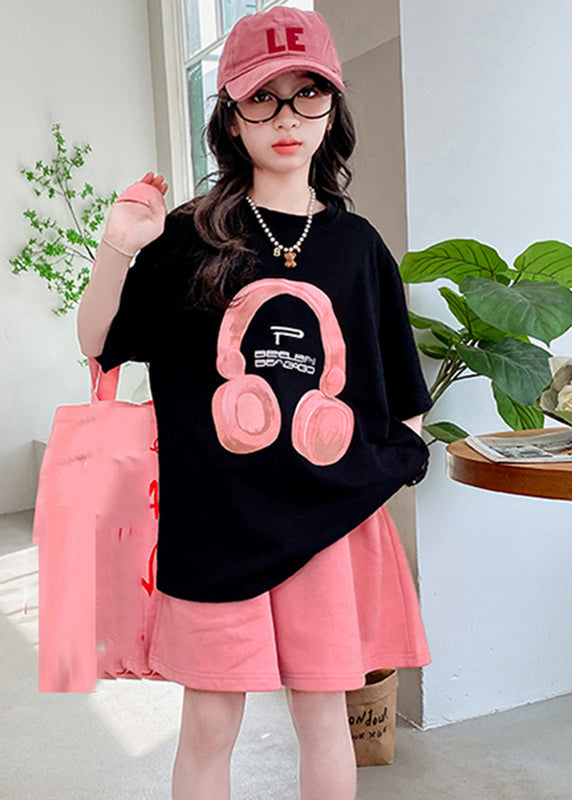 Black O-neck Print Kids Top and Shorts Two Pieces Set Summer