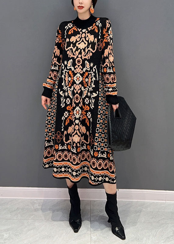 Black O-neck Print Knit Long Dress Winter