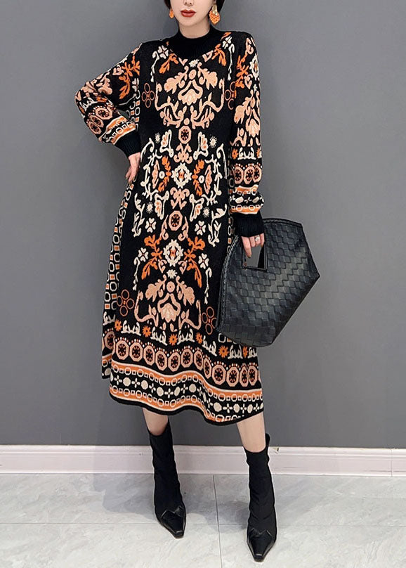 Black O-neck Print Knit Long Dress Winter