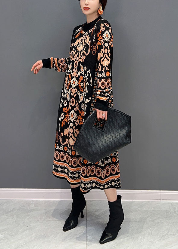 Black O-neck Print Knit Long Dress Winter
