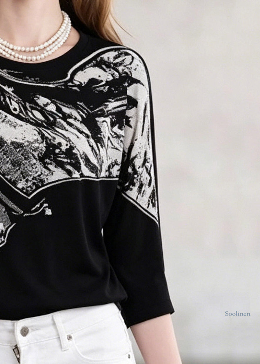 Casual Black O-Neck Print Knit Tops Three Quarter Sleeve