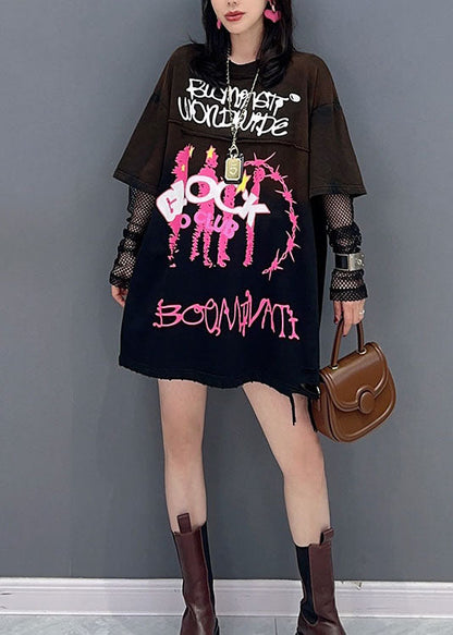 Black O Neck Print Patchwork Cotton T Shirt Top Summer