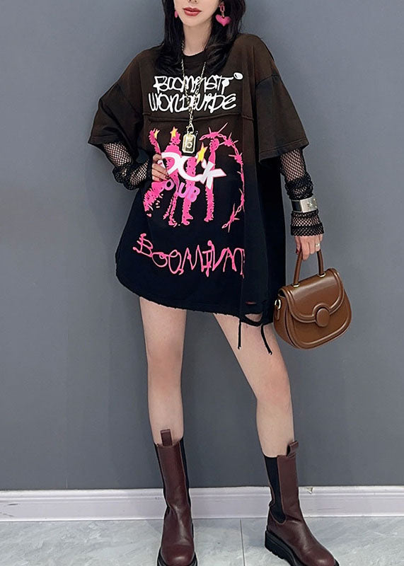 Black O Neck Print Patchwork Cotton T Shirt Top Summer