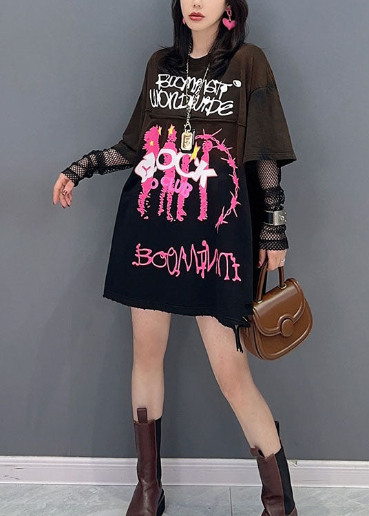 Black O Neck Print Patchwork Cotton T Shirt Top Summer