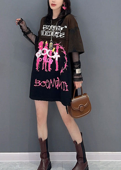 Black O Neck Print Patchwork Cotton T Shirt Top Summer