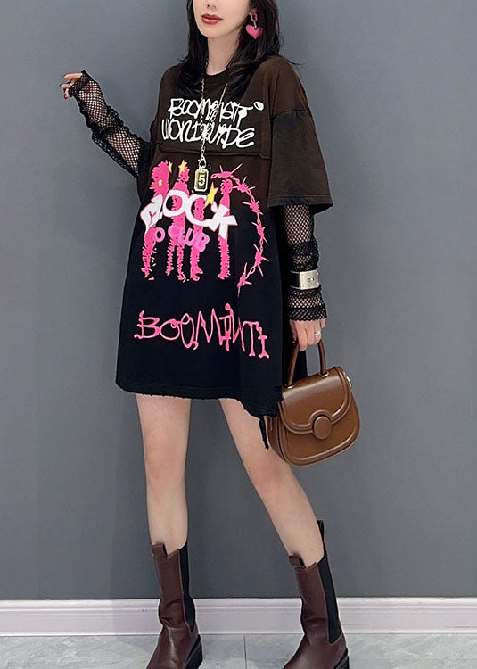 Black O Neck Print Patchwork Cotton T Shirt Top Summer