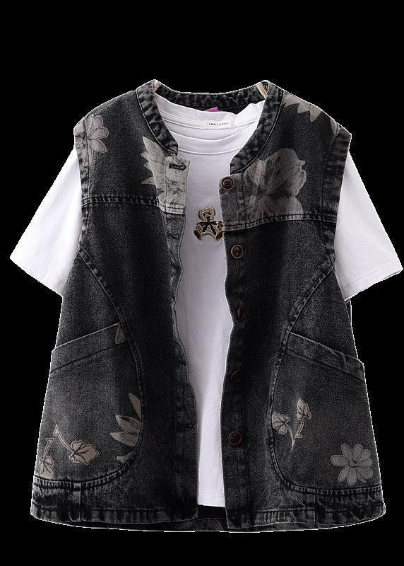 Black O-neck Print Pockets Button Denim Waistcoat Sleeveless