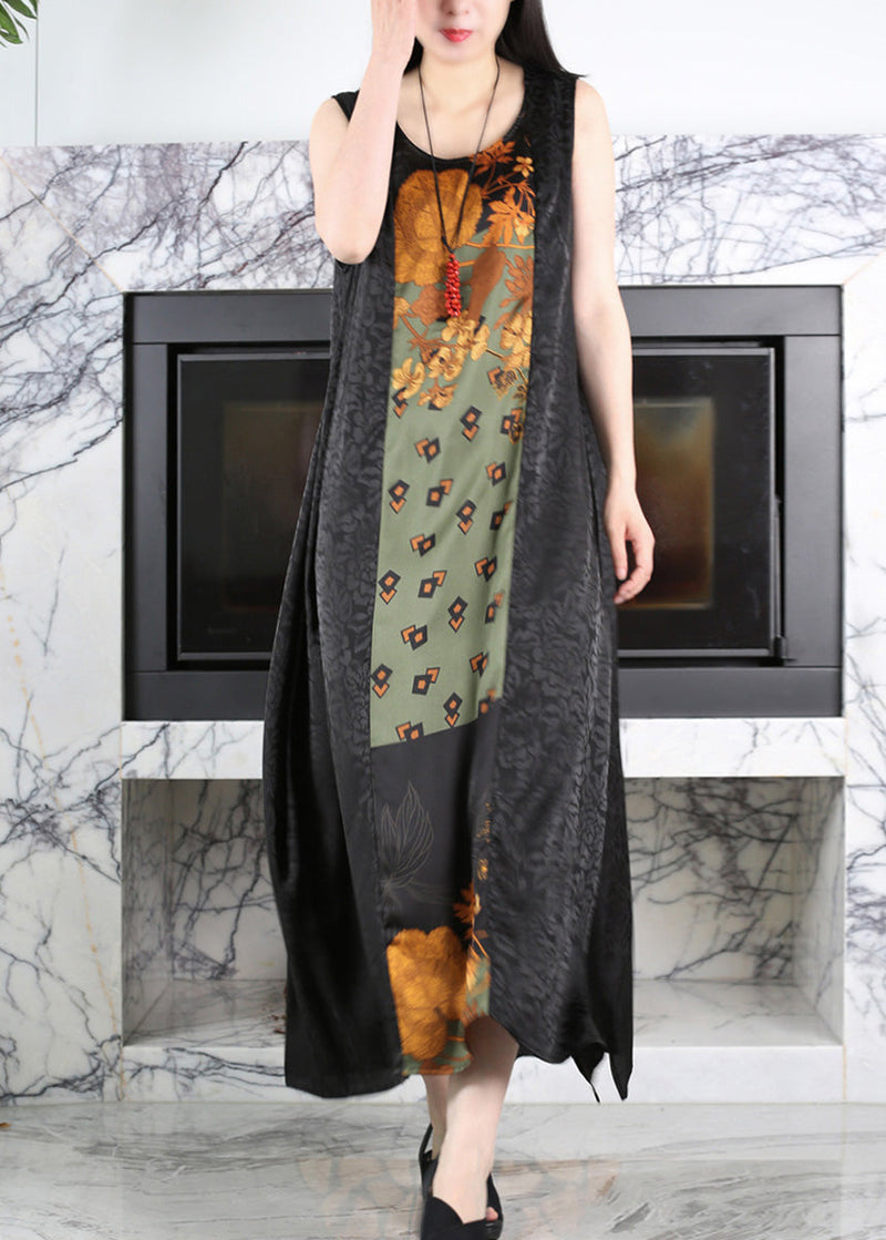 Black O-neck Print Side Open Silk Maxi Dress Summer