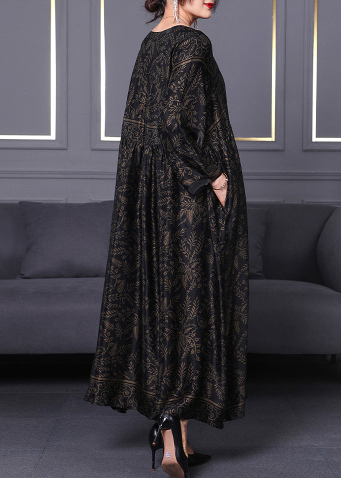 Black O-neck Print Silk Maxi Dress Long Sleeve