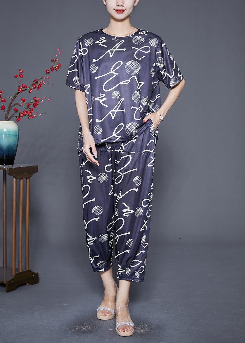 Black O-neck Print Tops and Pants Two-piece Set Summer