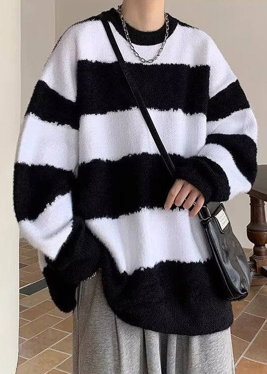 Black O Neck Striped Knit Sweater Winter