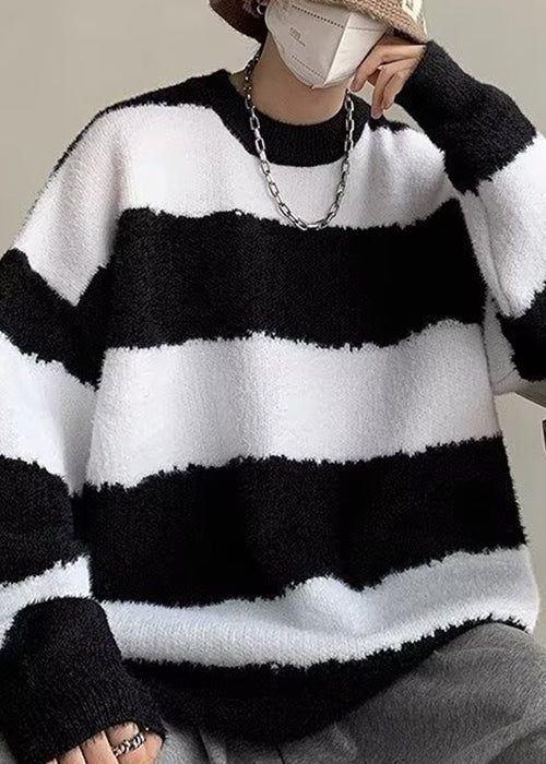 Black O Neck Striped Knit Sweater Winter