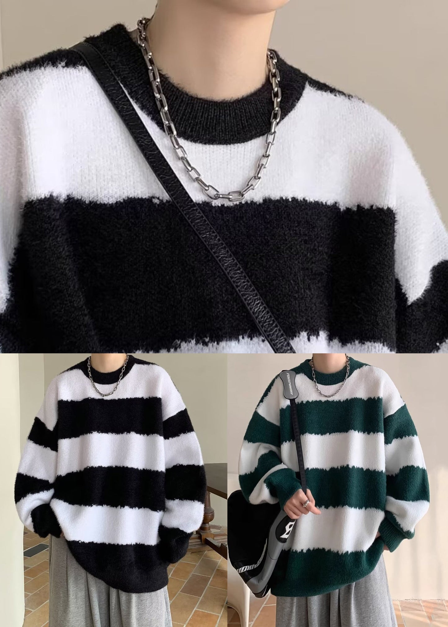Black O Neck Striped Knit Sweater Winter